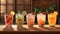 Assortment of fresh iced fruit drinks on wooden background. Generative AI