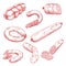 Assortment of fresh meat sausages red sketch icons