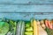 Assortment of fresh organic farm vegetables on a painted blue wooden background