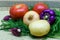 Assortment of fresh raw vegetables on napkin. Selection includes potato, tomato, green onion, pepper, garlic and dill