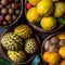 Assortment of fresh thai fruits and vegetables in rainbow colors. AI generative illustration
