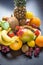 Assortment of Fresh Tropical and Summer Seasonal Fruits Pineapple Papaya Mango Coconut Oranges Kiwi Bananas Lemons Grapefruit