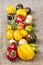 Assortment of fresh vegetables on sackcloth background