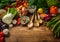 Assortment of fresh vegetables on wooden background