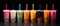 An assortment of fresh, vibrant boba arranged against a sleek black background. Plastic glasses filled with bubble tea