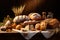 Assortment of freshly baked bread on a rustic wooden table