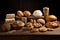 Assortment of freshly baked bread on wooden table