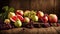Assortment fruits, apples, pears, grapes, mixed watermelon vitamin vegetarian old wooden background