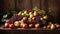 Assortment fruits, apples, pears, grapes, watermelon vitamin vegetarian old wooden background