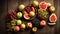 Assortment fruits, apples, pears, raw , rustic group mixed agriculture collection vegetarian old wooden background