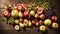 Assortment fruits, apples, pears, raw , rustic group mixed agriculture watermelon collection vegetarian old wooden background