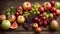 Assortment fruits, apples, pears, raw , rustic seasonal mixed agriculture watermelon collection vegetarian old wooden background