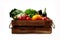 Assortment of fruits and vegetables, in a wooden box, close, horizontal, no people,