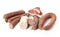 Assortment of german sausage specialties over white background