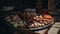 Assortment of grilled meat with vegetables on a table in a restaurant