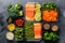 Assortment of healthy food dishes. Top view. Overhead shot of multiple food dishes on table. various sets of food. Healthy take