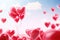 An assortment of heart shaped balloons gracefully levitate in the sky, creating a whimsical and joyful scene, Valentine