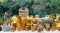 Assortment of honey jars at market stall. Sale of natural honey in fair outdoor