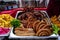 Assortment hot grilled sausages and fried potatoes cooked