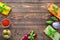 Assortment of hummus starters, tasty arabic and israeli snack on wooden rustic table. Copy space