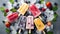 Assortment of ice cream popsicles with ice, fresh berries and mint, top view, flat lay. Summer dessert, frozen fruit juice.