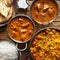 Assortment of indian curry and rice dishes