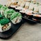 Assortment of Japanese maki sushi rolls, close up