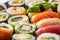 Assortment of japanese sushi rolls nigiri sashimi and maki