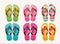 Assortment of lively summer flip-flop sandals slippers in various designs and colors, beach footwear set against a white