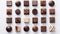 Assortment of luxury chocolates in various shapes and flavors arranged on white background. Top view. Concept of