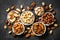Assortment of nuts in bowls. Cashew, hazelnuts, pecan, almonds, brazilian nuts and pistachios.