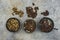 Assortment of nuts in metal bowls hazelnuts, walnuts, almonds