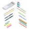 Assortment of office supplies in 3D isometric style.