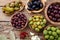 Assortment of olives in wooden bowl
