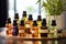 Assortment of organic essential oils and herbal extracts in glass bottles. Alternative therapy, aromatherapy