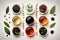 Assortment of Premium Black, Red, and Green Tea, Chinese Oolong Tea with Ginseng, and Brewed Tea in a Cup. Various Tea Varieties