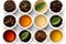 Assortment of Premium Black, Red, and Green Tea, Chinese Oolong Tea with Ginseng, and Brewed Tea in a Cup. Various Tea Varieties