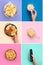 Assortment of salty snacks on color background