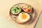 Assortment of sandwiches, white bread, fried egg, cream cheese and cucumber, capelin caviar, sesame bun, breakfast, on a