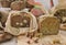 Assortment of sliced rye bread. Vegan grain bread. Eco market