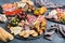 Assortment of spanish tapas or italian antipasti with meat