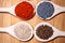 Assortment of spices with milled dried hot pepper, sesame, poppy