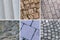 Assortment of stone surfaces gray tiles and cobblestone, log wall