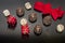 Assortment sweet confectionery chocolate. Candies and pralines set up for Christmas table with red tied ribbon. Square box, gift,