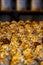 Assortment of sweet golden pine nut panellets with the middle row in focus of toasted pine nuts on a tray fresh from the gourmet