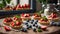 assortment tartlets cream, strawberries, cake blueberries