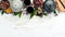 Assortment of tea, cups and teapots on white wooden background. Chinese Tea Ceremony. Top view.