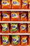 Assortment of Tide washing powders on the shelves in the store. Vertical. Moscow, Russia, 03-04-2021