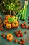 Assortment of tomatoes, lettuce and spring onions