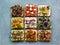 Assortment vegan sandwiches on gray stone background